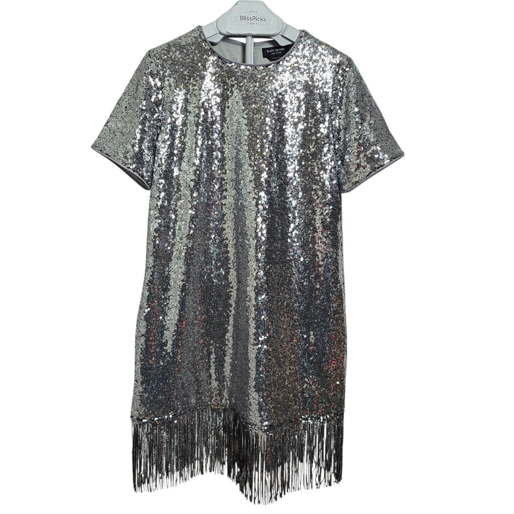 Kate Spade New York Sequin Fringe Shift Dress L Silver Metallic Ombre NWT Style - Picture 2 of 11